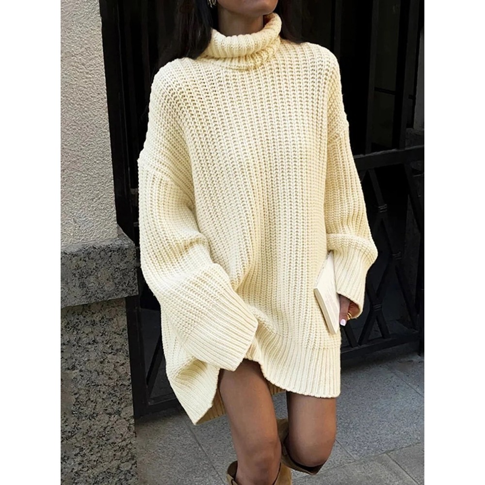 COMMENSE Minimalism Turtleneck Short Sweater Dress Beige Size L